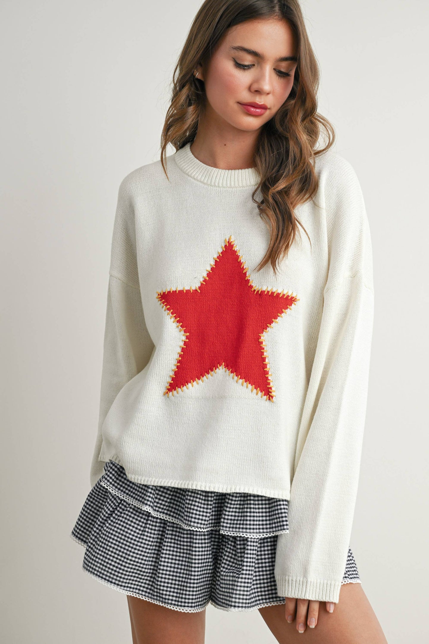 Drop Shoulder Star Pattern Sweater
