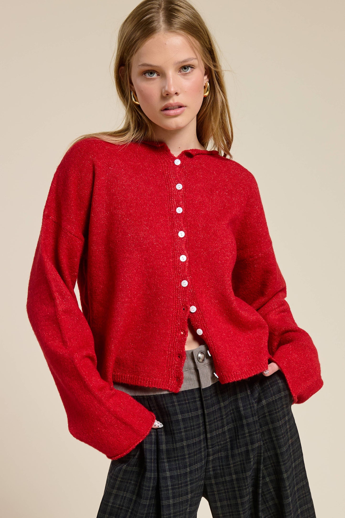Essential Button Down Cardigan Top Red