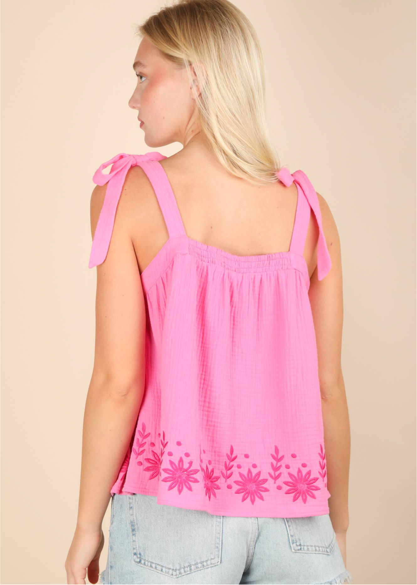 Floral Embroidered Ribbon Tie Top