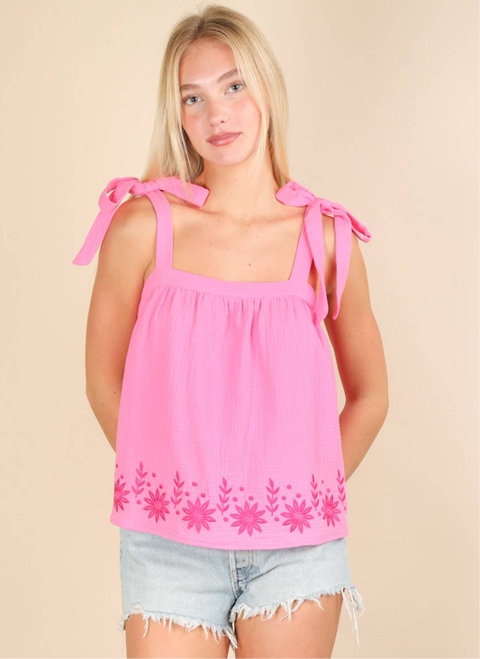 Floral Embroidered Ribbon Tie Top